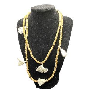 Chico’s lightweight tan breaded necklace with cream mini tassels branded hangtag